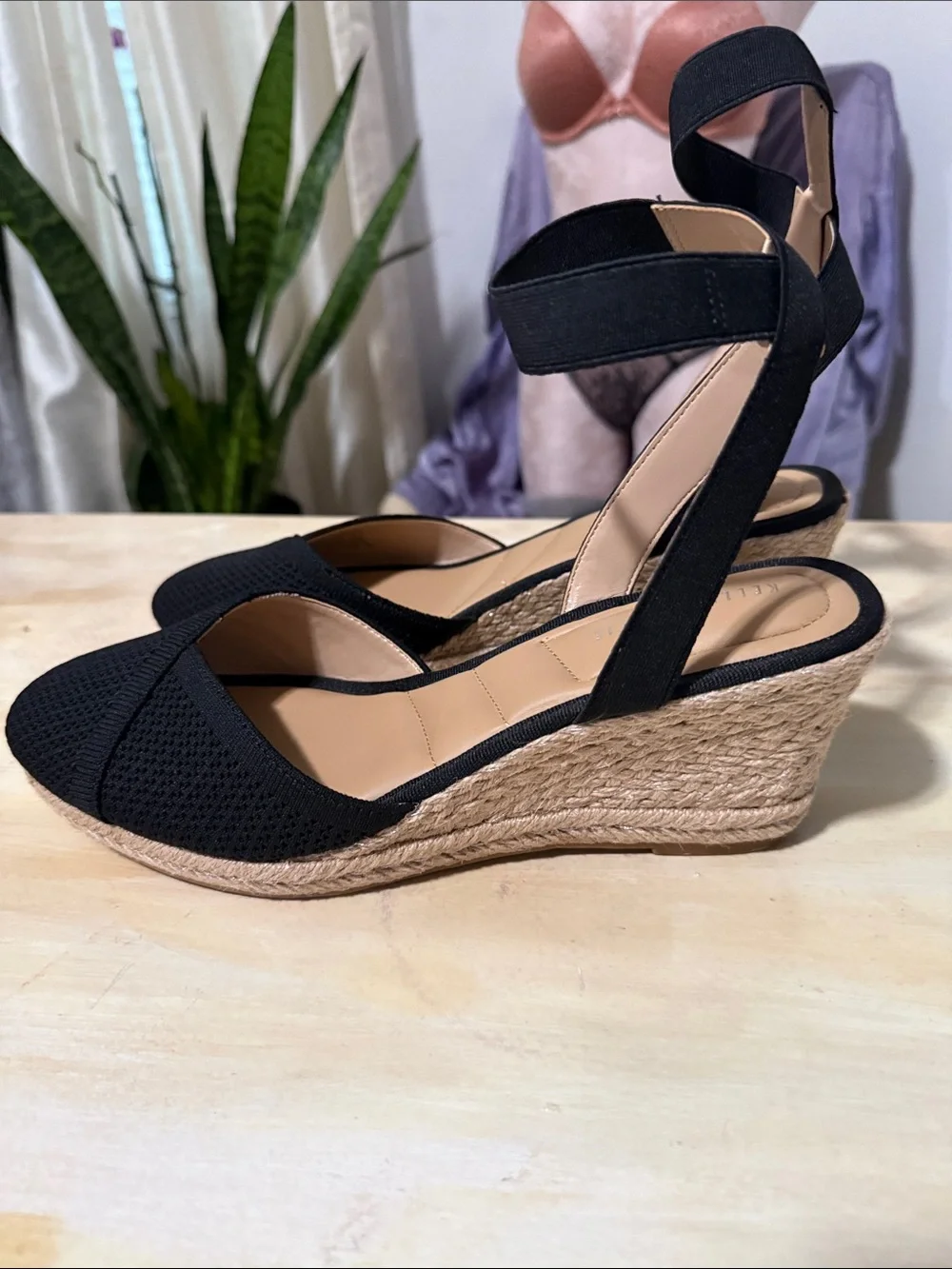 Kelly & Katie Black Pointed Knit Ankle-Strap wedge